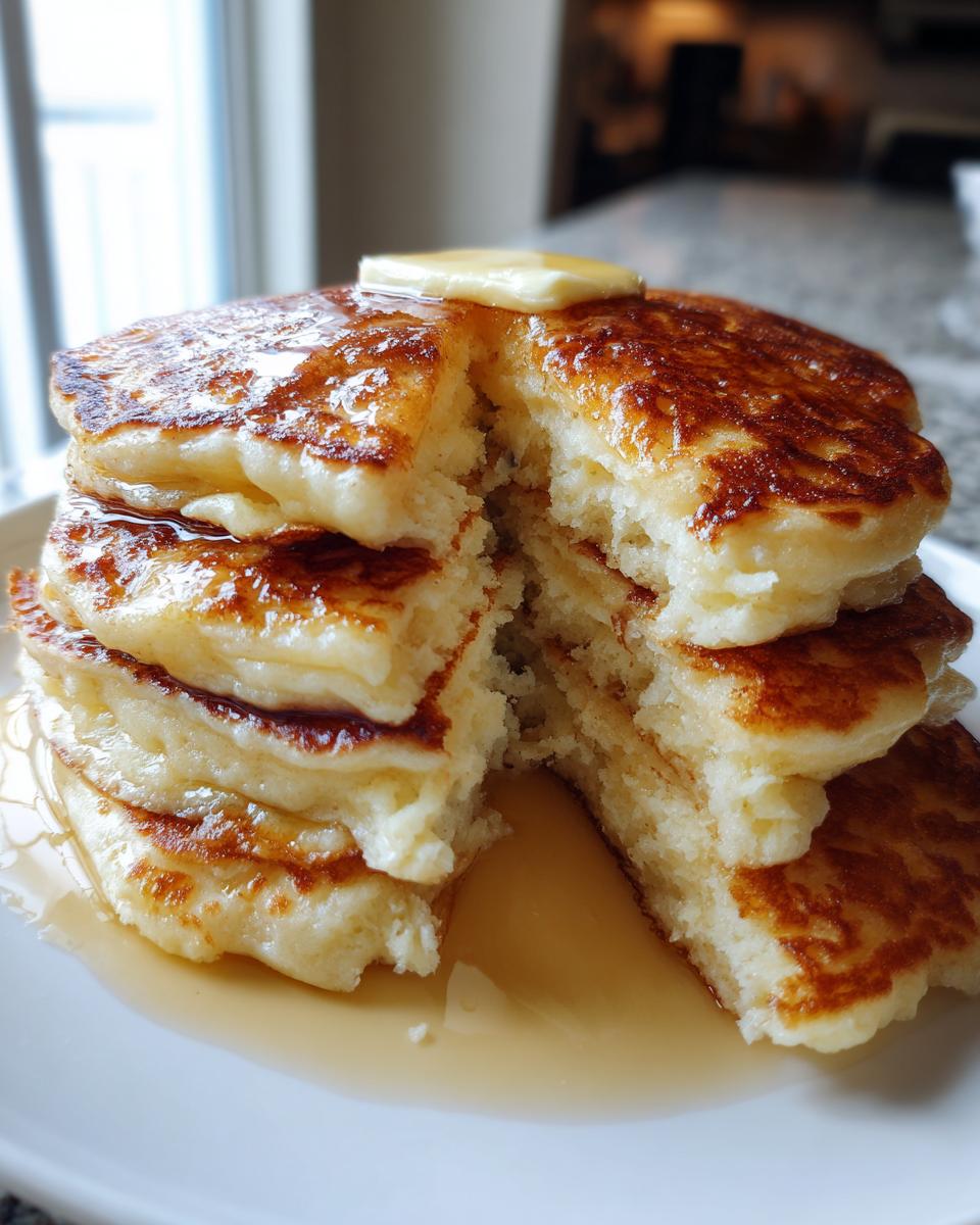 Close-up of a tall stack of fluffy sourdough pancakes, cut open to show texture, topped with melting butter and syrup.