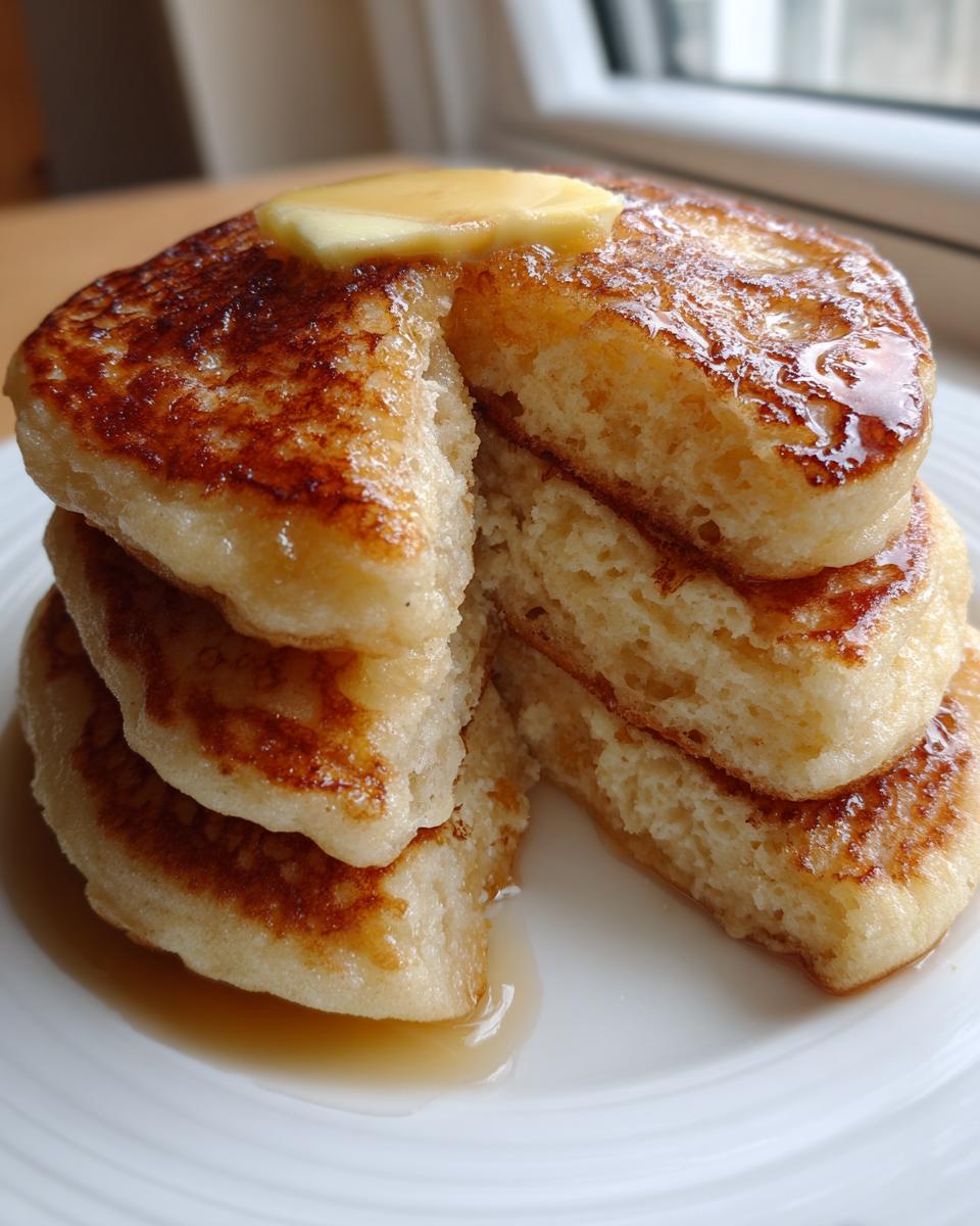 A close-up of a stack of fluffy sourdough pancakes cut open, topped with melting butter and drizzled with syrup.