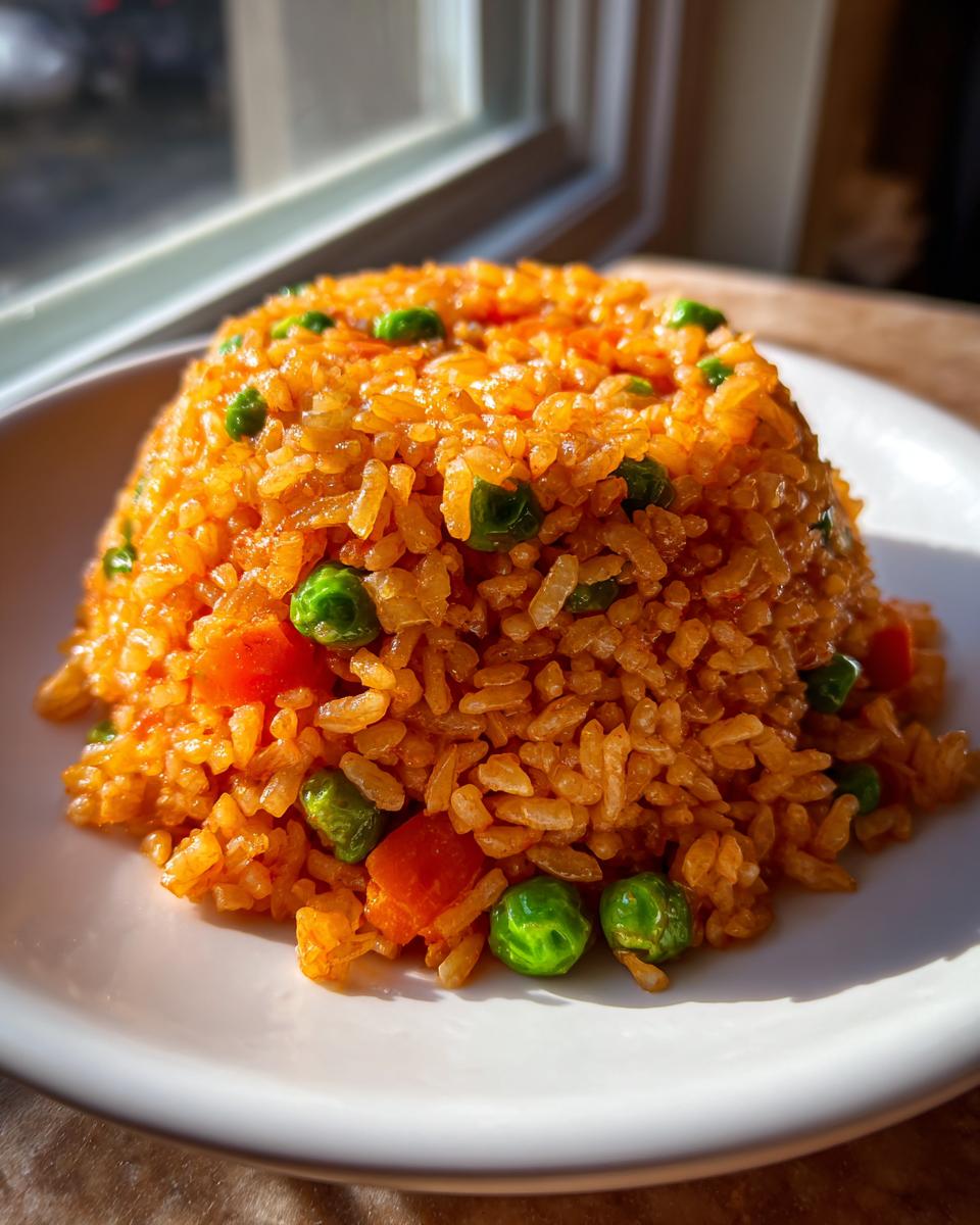 A perfectly molded mound of fluffy, orange-red Spanish rice mixed with bright green peas and diced carrots.