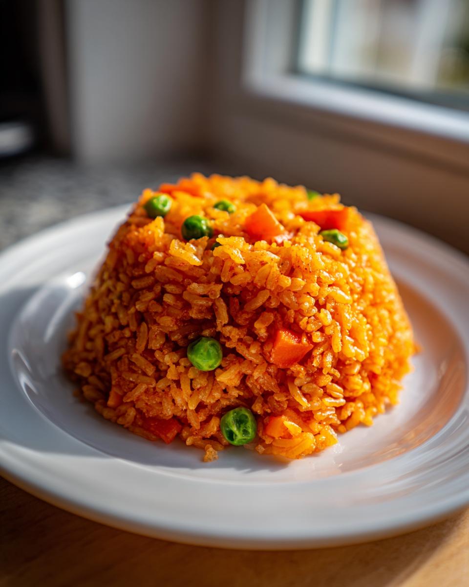 A perfectly molded mound of fluffy, orange-colored Spanish rice topped with bright green peas and diced carrots.