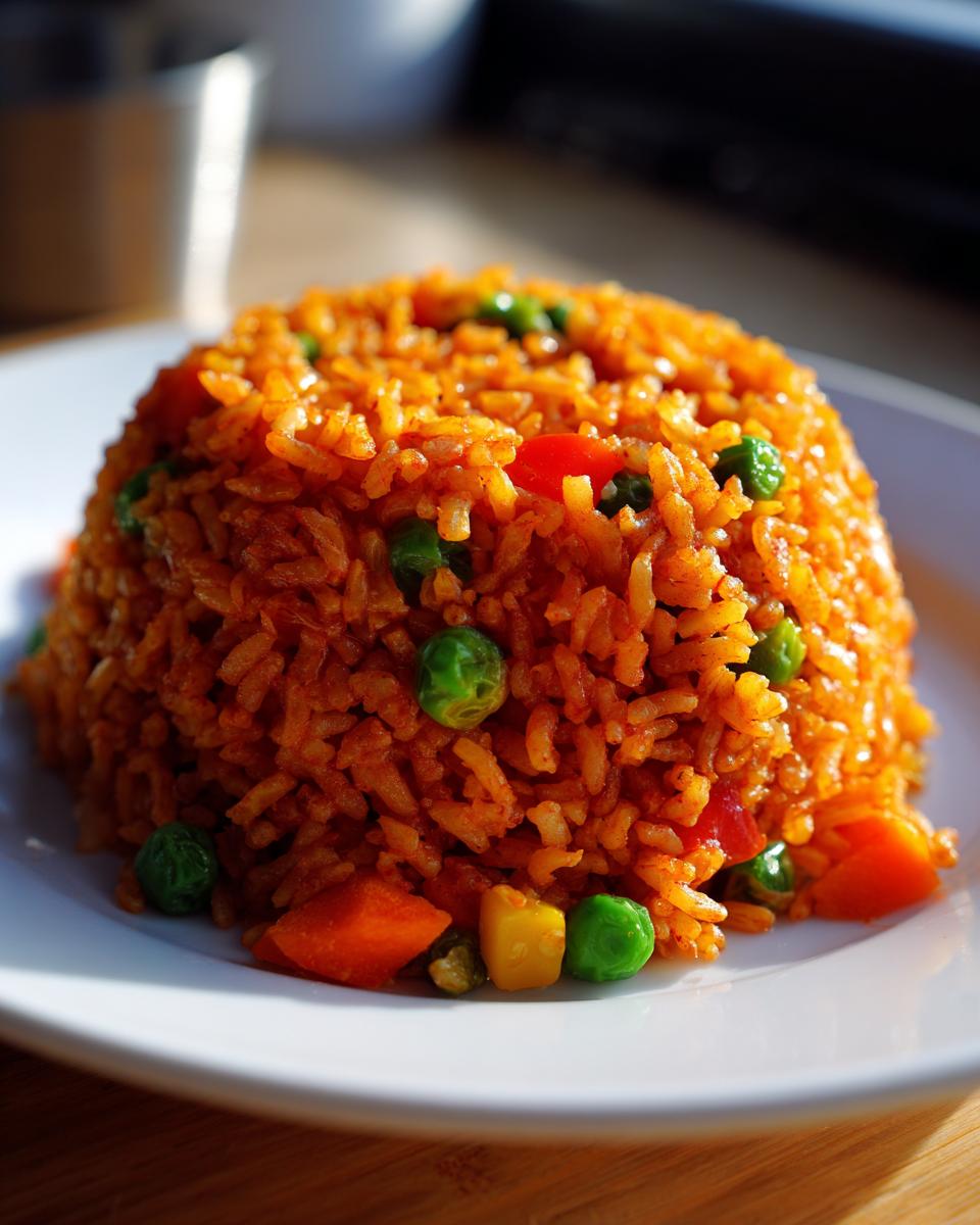 A perfectly molded serving of fluffy, orange-tinted Spanish rice mixed with bright green peas and diced carrots.