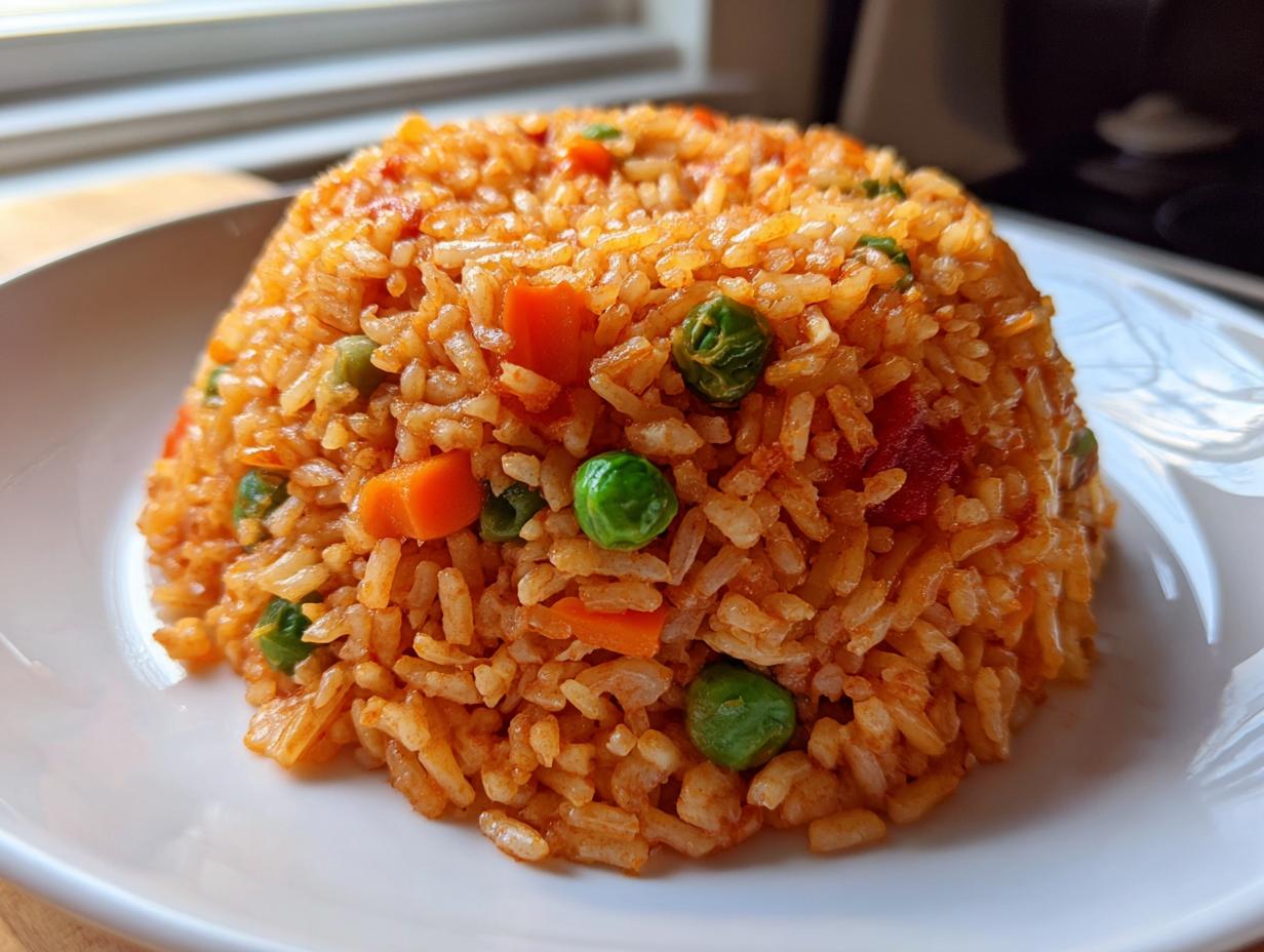 A mound of fluffy, orange-red Spanish rice mixed with bright green peas and diced carrots served on a white plate.
