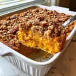 A spoonful of fluffy sweet potato souffle being lifted from a white baking dish topped with pecan streusel.