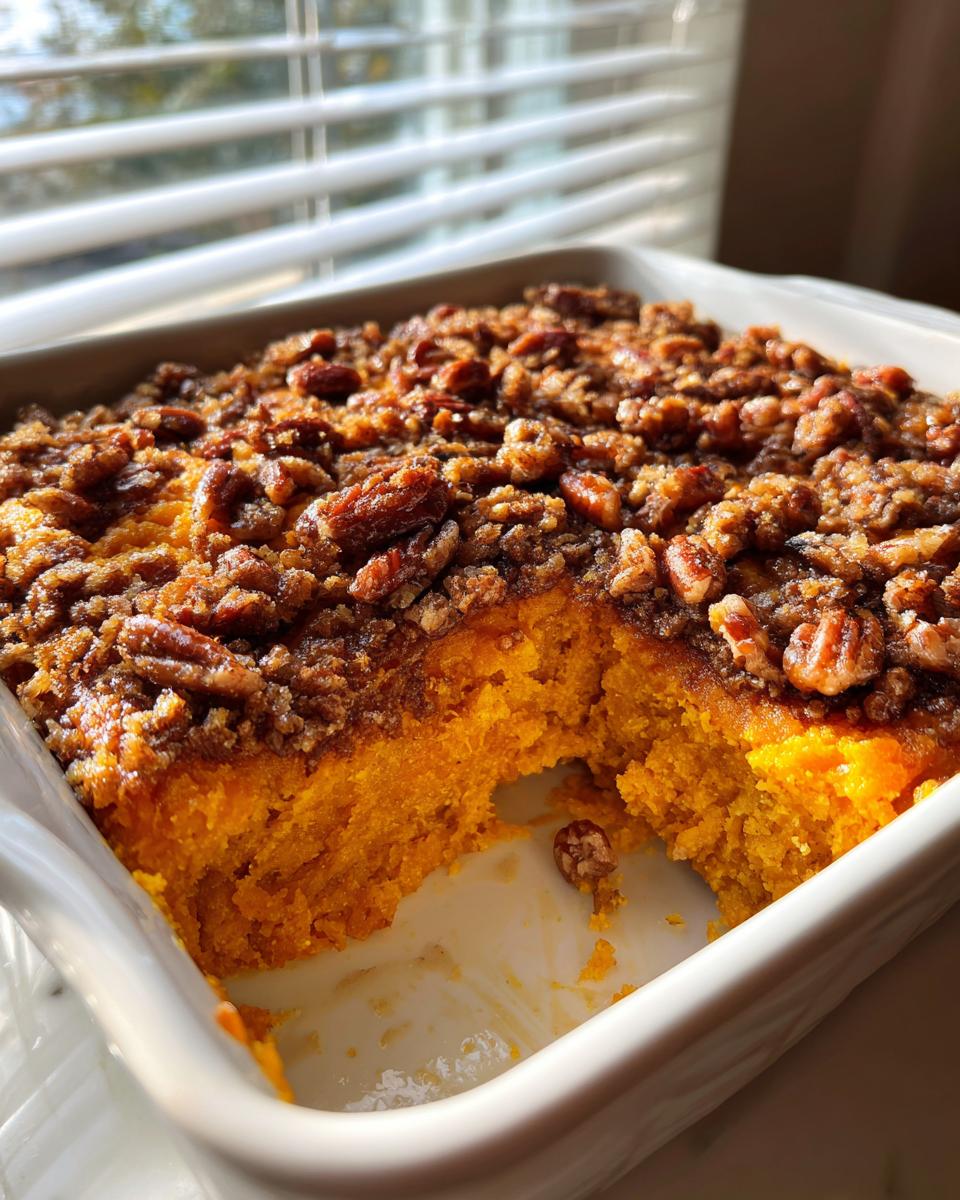 A portion removed from a fluffy sweet potato souffle topped with a crunchy pecan streusel in a white baking dish.