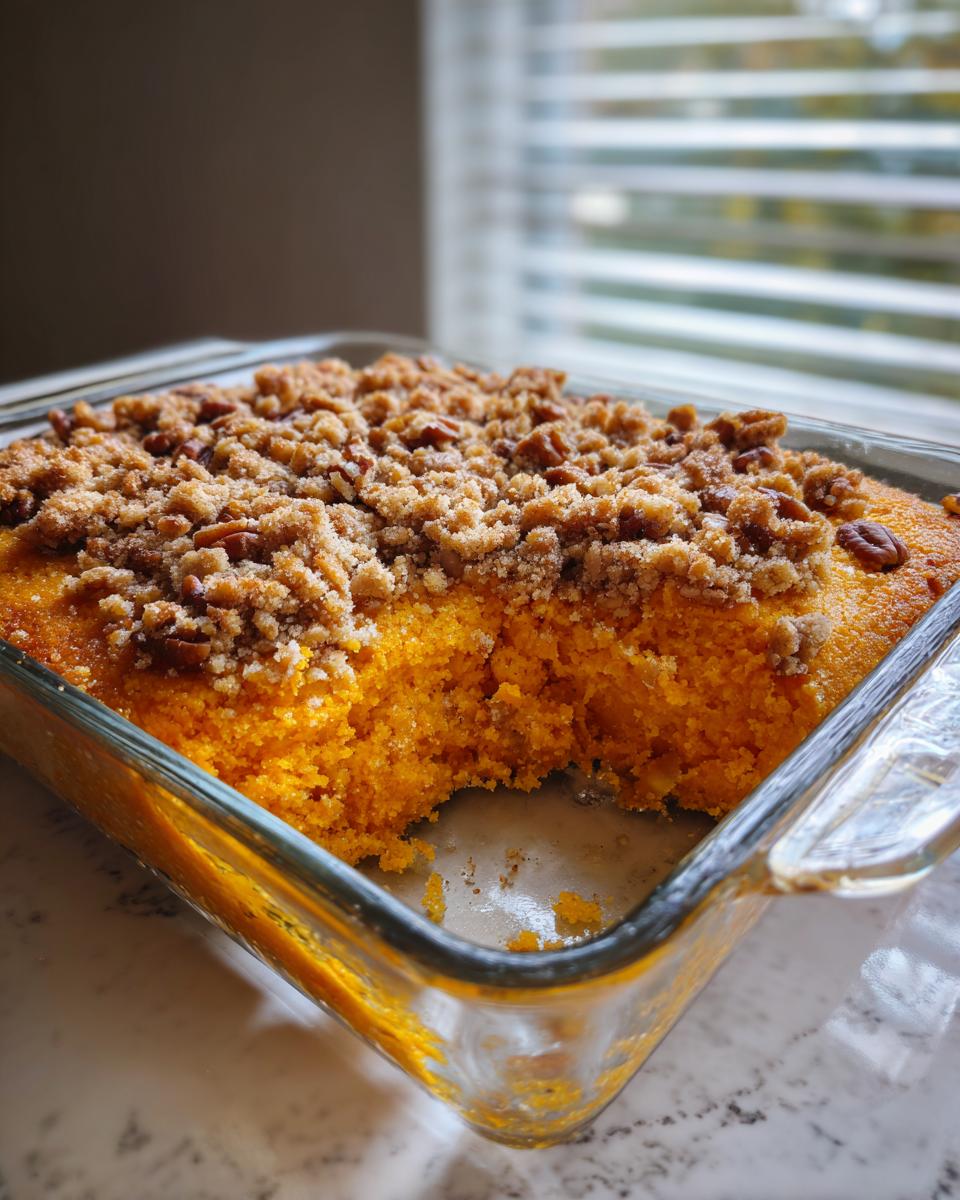 A portion of fluffy sweet potato souffle with a crunchy pecan streusel topping in a glass baking dish.