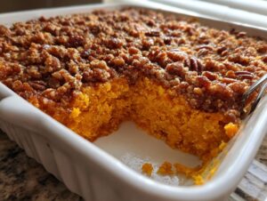 Close-up of a fluffy sweet potato souffle with a thick, crumbly pecan topping in a white baking dish.