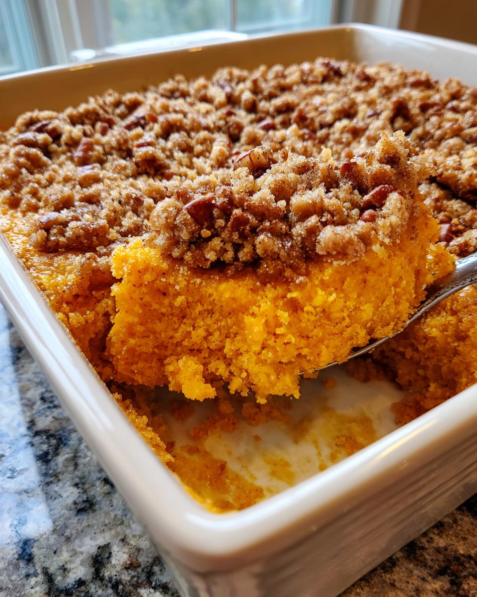 A spoonful of fluffy sweet potato souffle being lifted from a white baking dish topped with brown sugar and pecans.