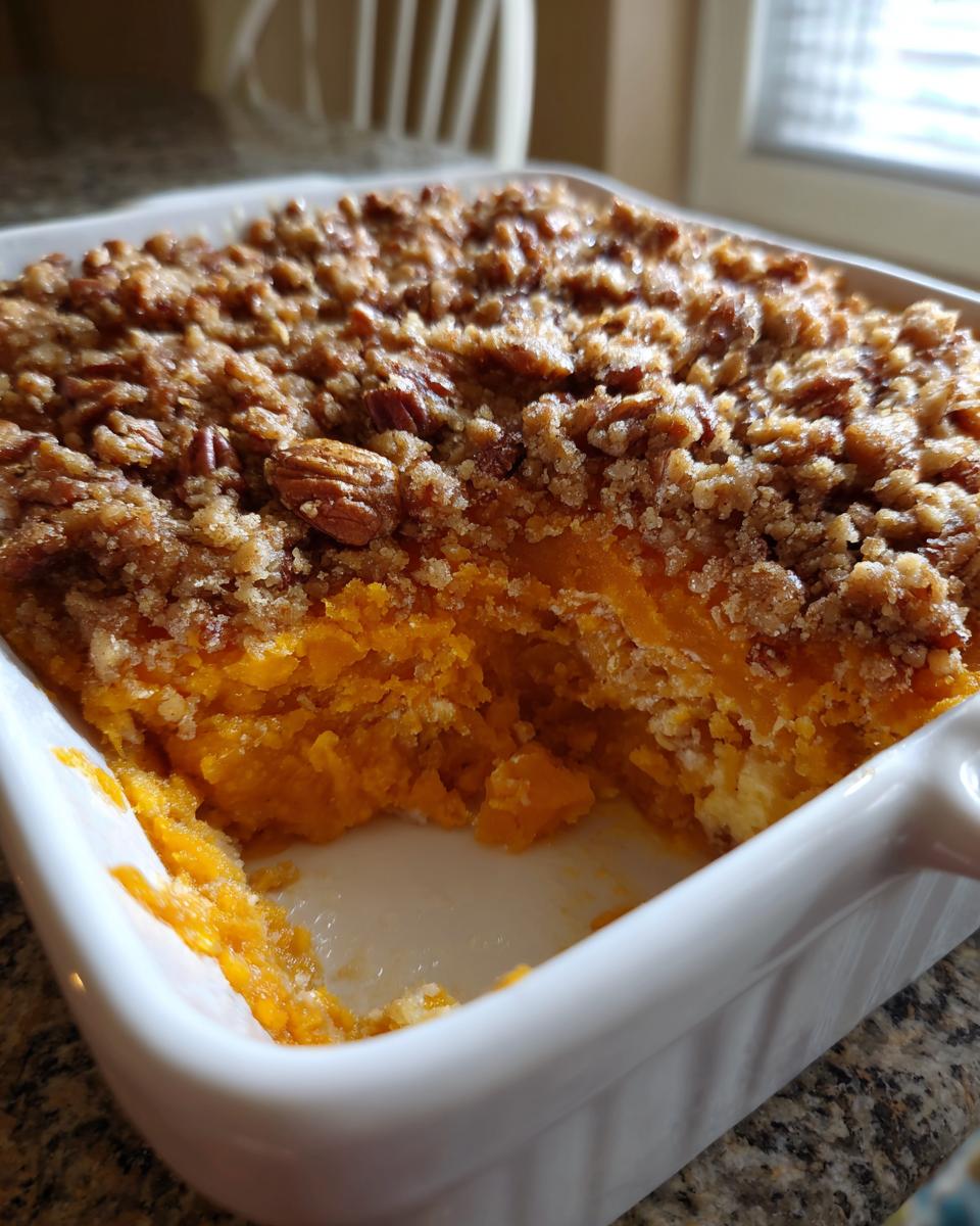 A portion scooped out of a fluffy sweet potato souffle topped with a brown sugar and pecan crumble.