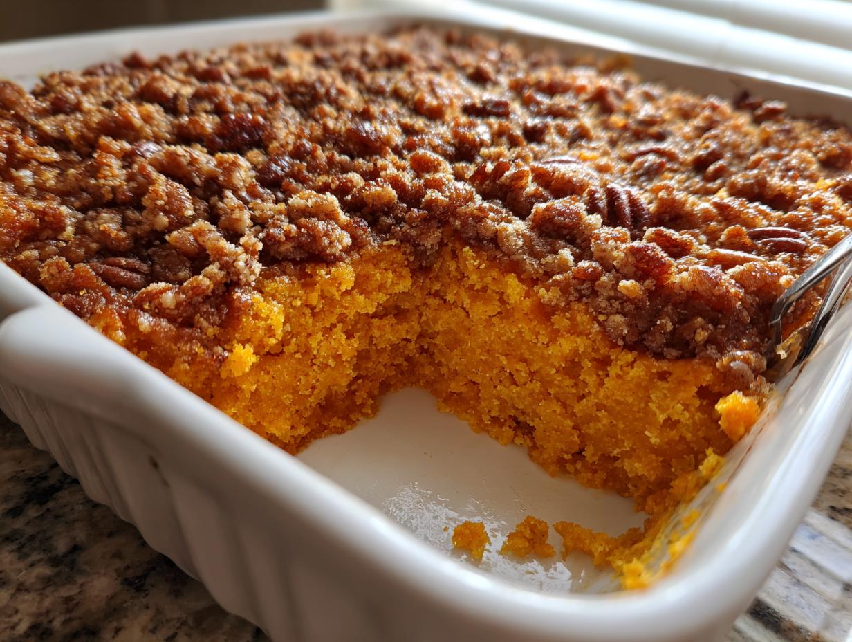 Close-up of a fluffy sweet potato souffle with a thick, crumbly pecan topping in a white baking dish.