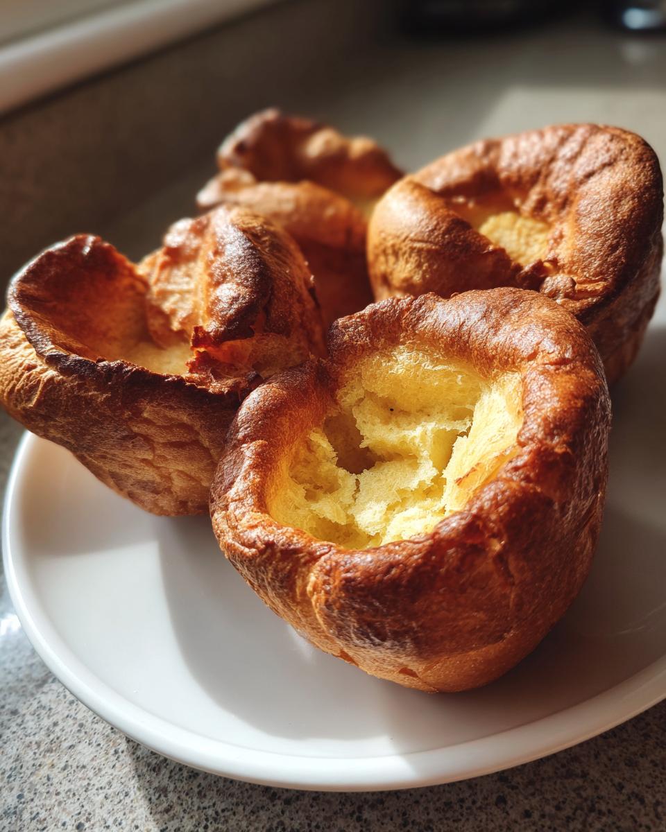 Close-up of four golden brown, fluffy yorkshire pudding with deep wells, served on a white plate.