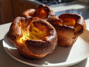 Three golden brown, fluffy yorkshire pudding items with deep centers resting on a white plate.