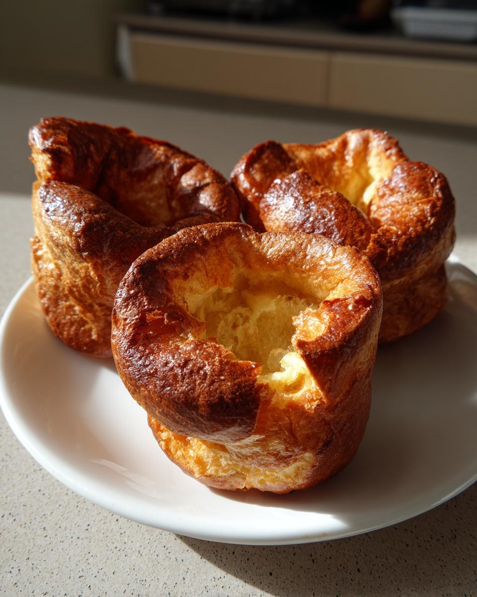 Three golden brown, tall, and fluffy yorkshire pudding specimens resting on a white plate.