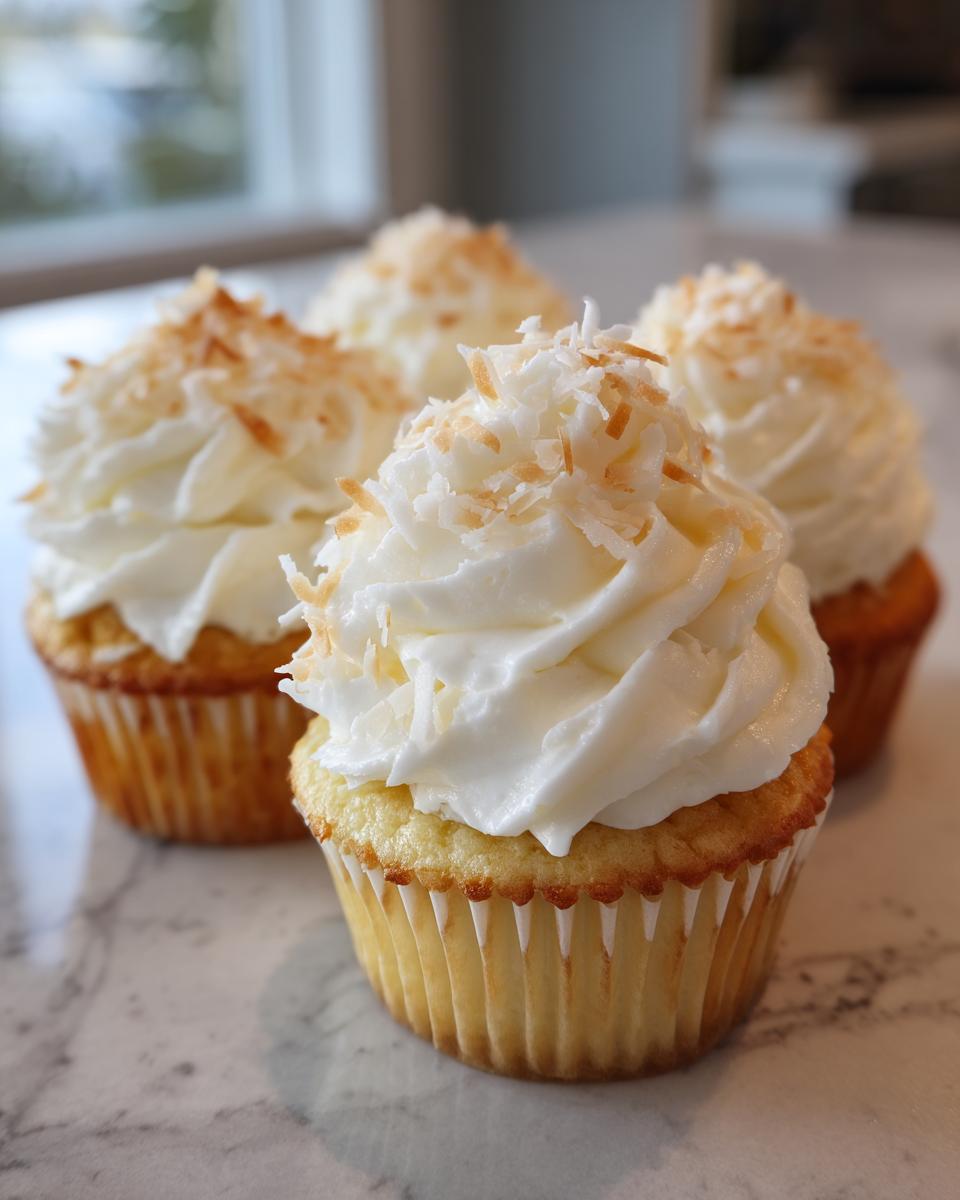 Four delicious coconut cupcakes topped with white frosting and toasted coconut flakes.