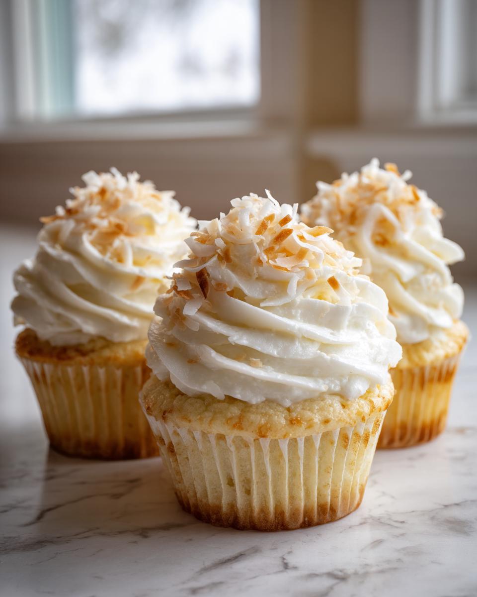 Three perfectly frosted coconut cupcakes topped with toasted coconut flakes sitting on a marble surface.