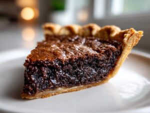 Close-up of a thick slice of rich, dark chocolate fudge pie with a flaky crust on a white plate.
