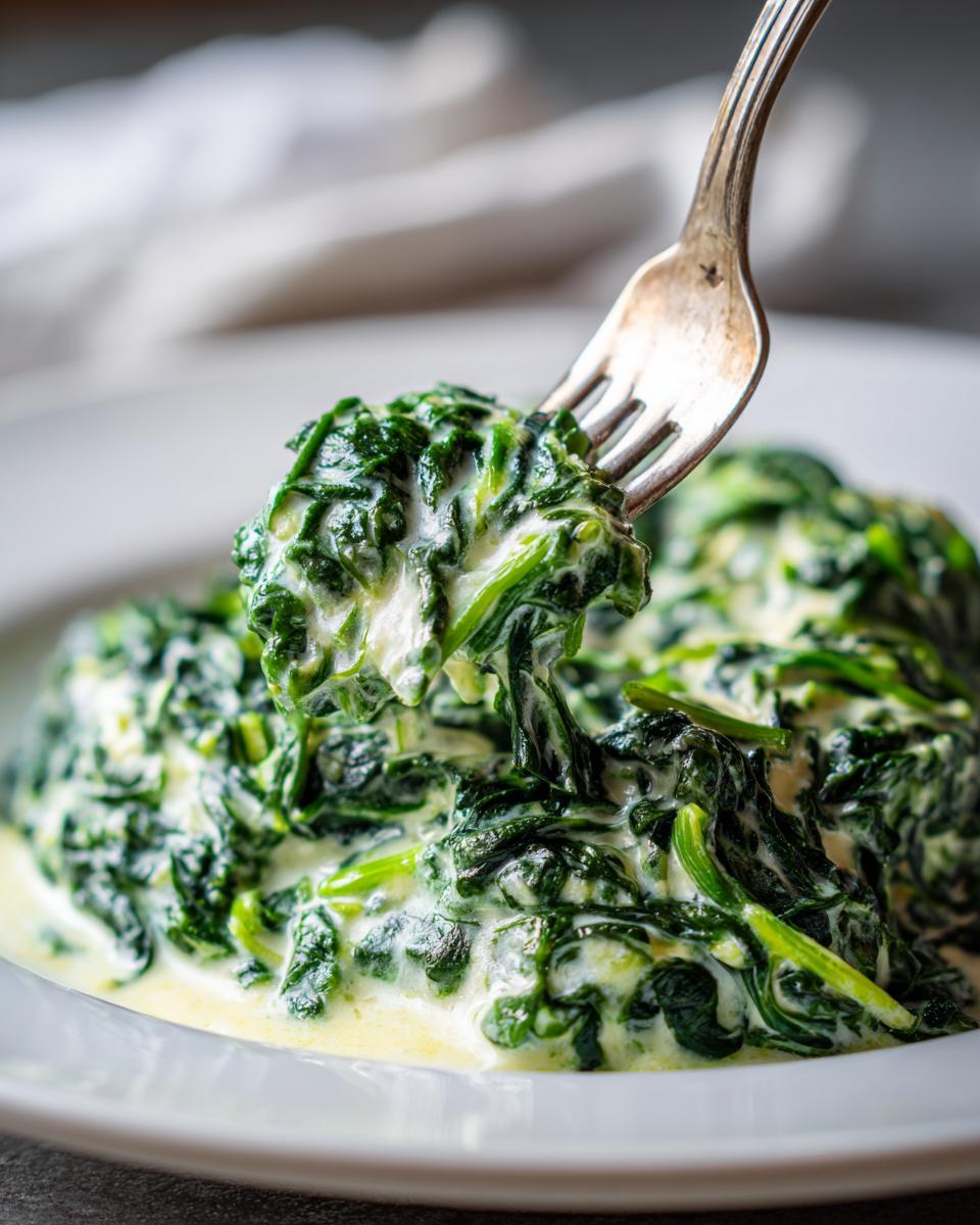 A fork lifting a bite of rich, vibrant green creamed spinach recipe from a white bowl.