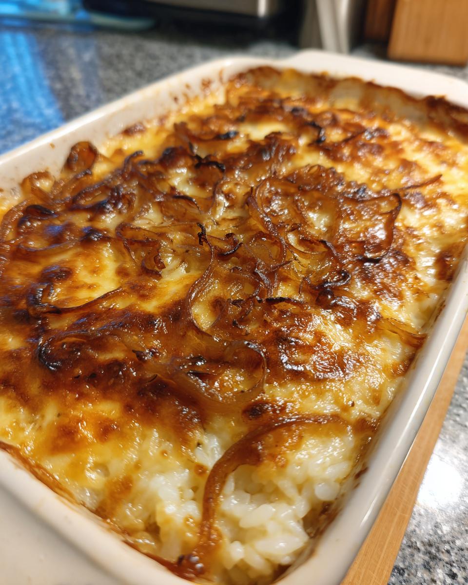 Close-up of baked french onion butter rice with a golden, cheesy, and caramelized onion topping.
