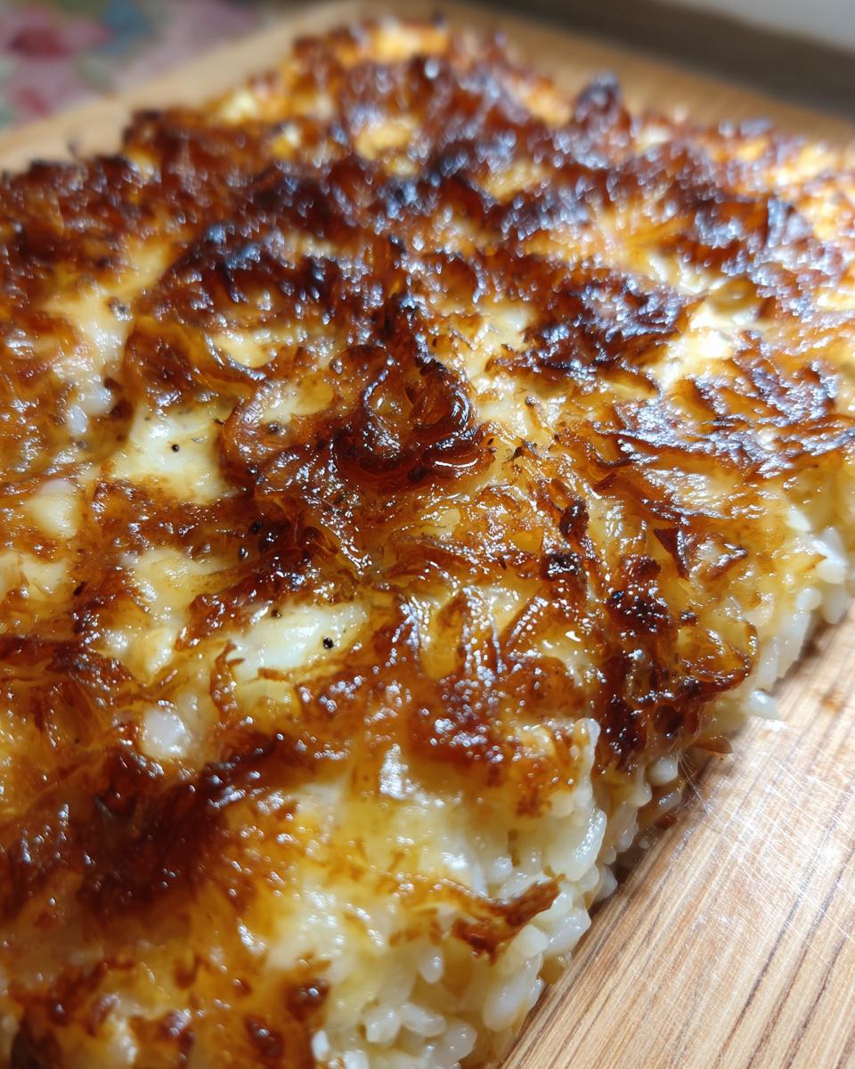 Close-up of baked french onion butter rice showing a caramelized, crispy topping over creamy white rice.