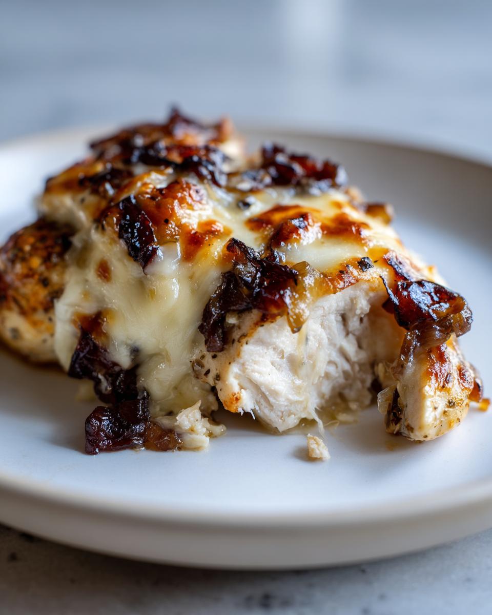 Close-up of a juicy piece of french onion chicken topped with melted cheese and caramelized onions.