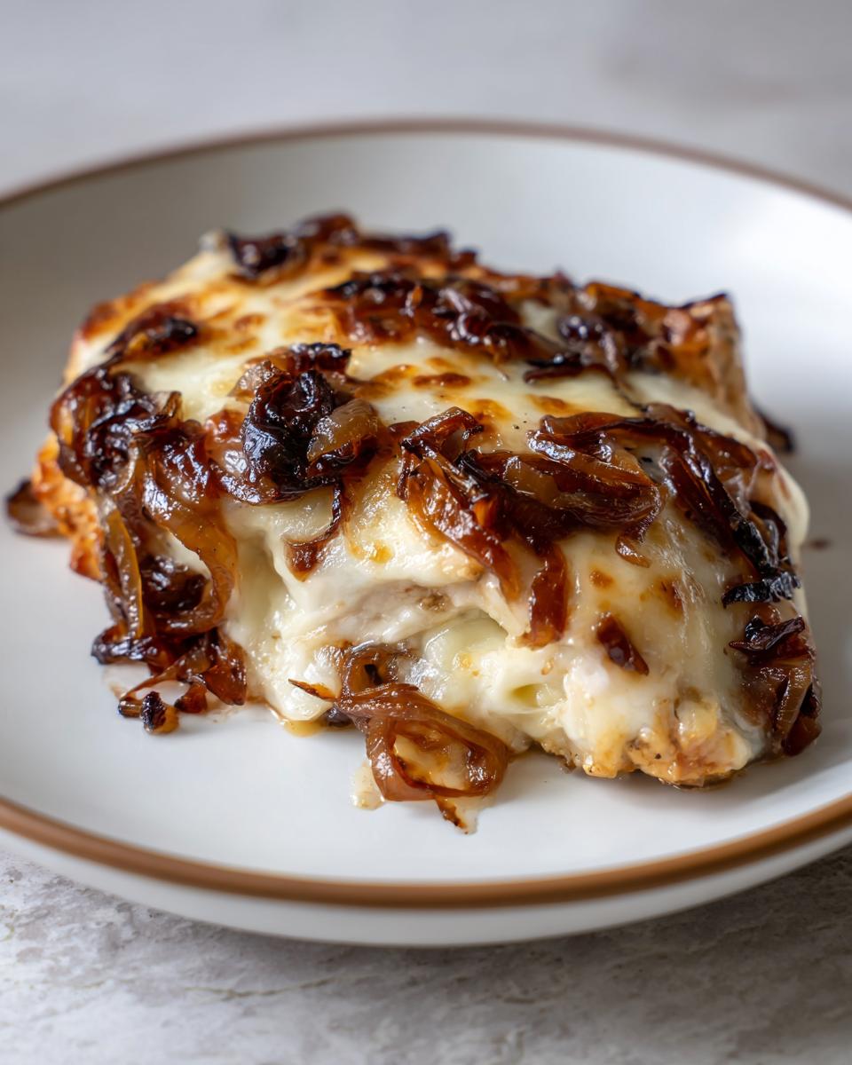 A close-up of a piece of french onion chicken topped with melted white cheese and caramelized onions.