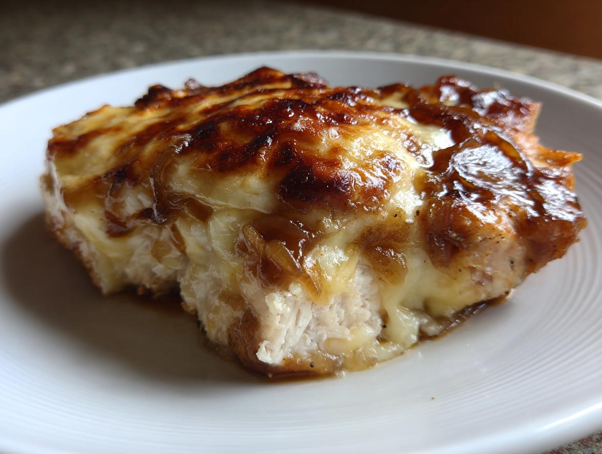 Close-up of a juicy piece of french onion chicken topped with melted, browned cheese and caramelized onions.