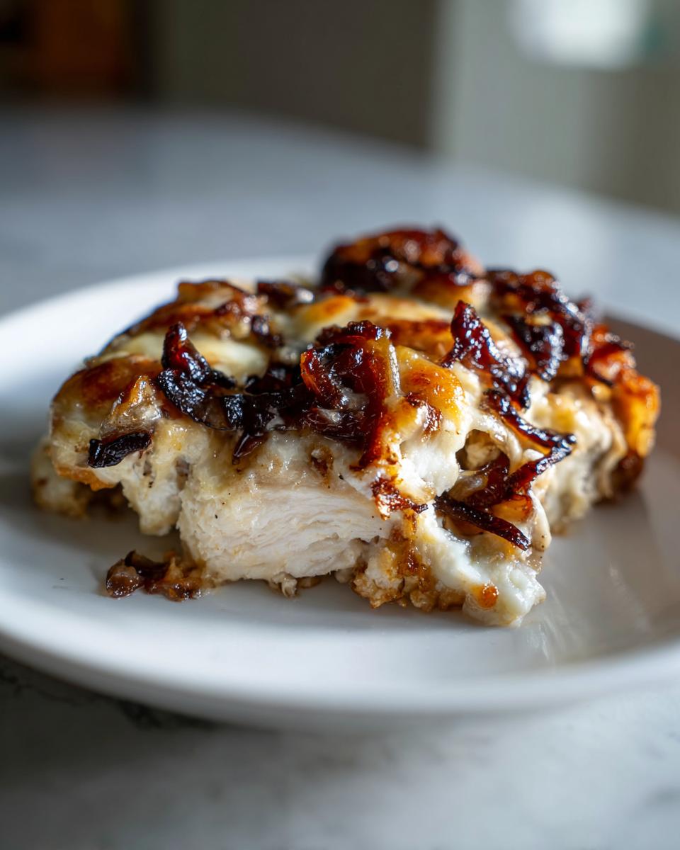 A close-up of a serving of french onion chicken showing moist white meat topped with melted cheese and caramelized onions.