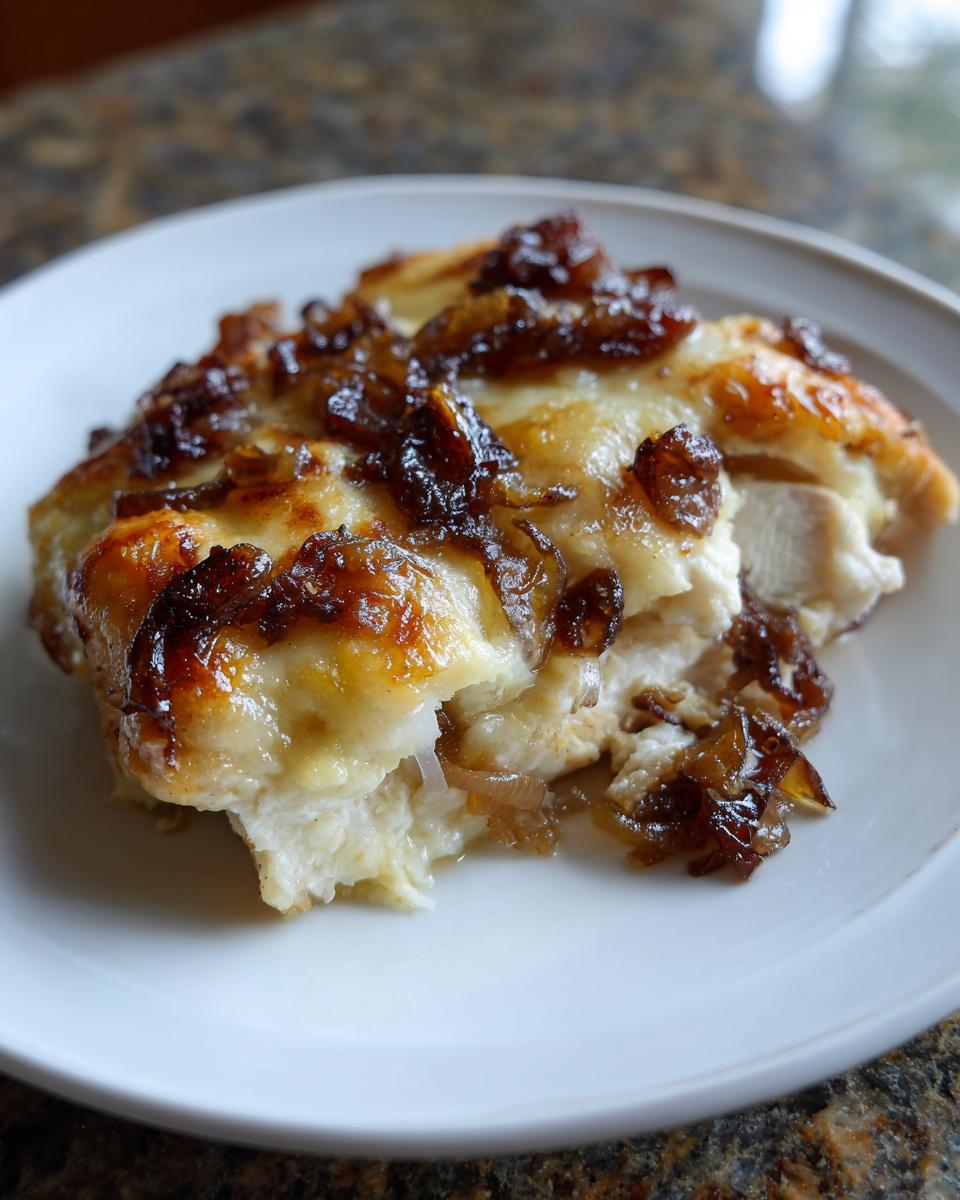 A close-up of a serving of french onion chicken topped with melted cheese and caramelized onions on a white plate.