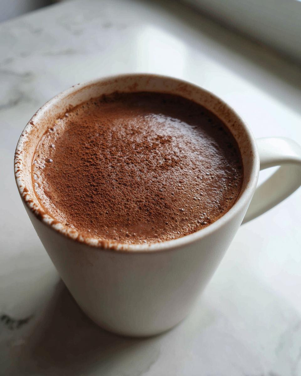Close-up of a white mug filled with rich, frothy hot cocoa mix, lightly dusted with cocoa powder.