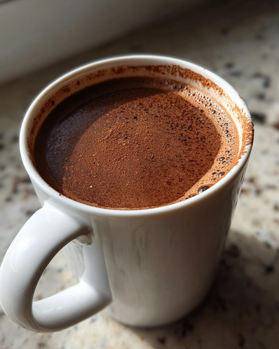 Close-up of a white mug filled with rich, dark hot cocoa mix topped with cocoa powder and foam.