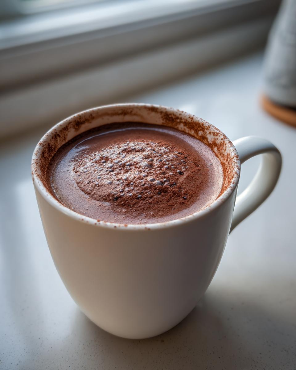 Close-up of a steaming white mug filled with rich, dark hot cocoa mix topped with cocoa foam.