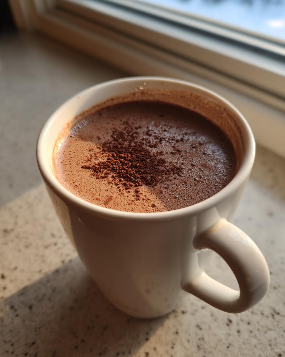Close-up of a white mug filled with rich hot cocoa mix, topped with cocoa powder, sitting by a window.