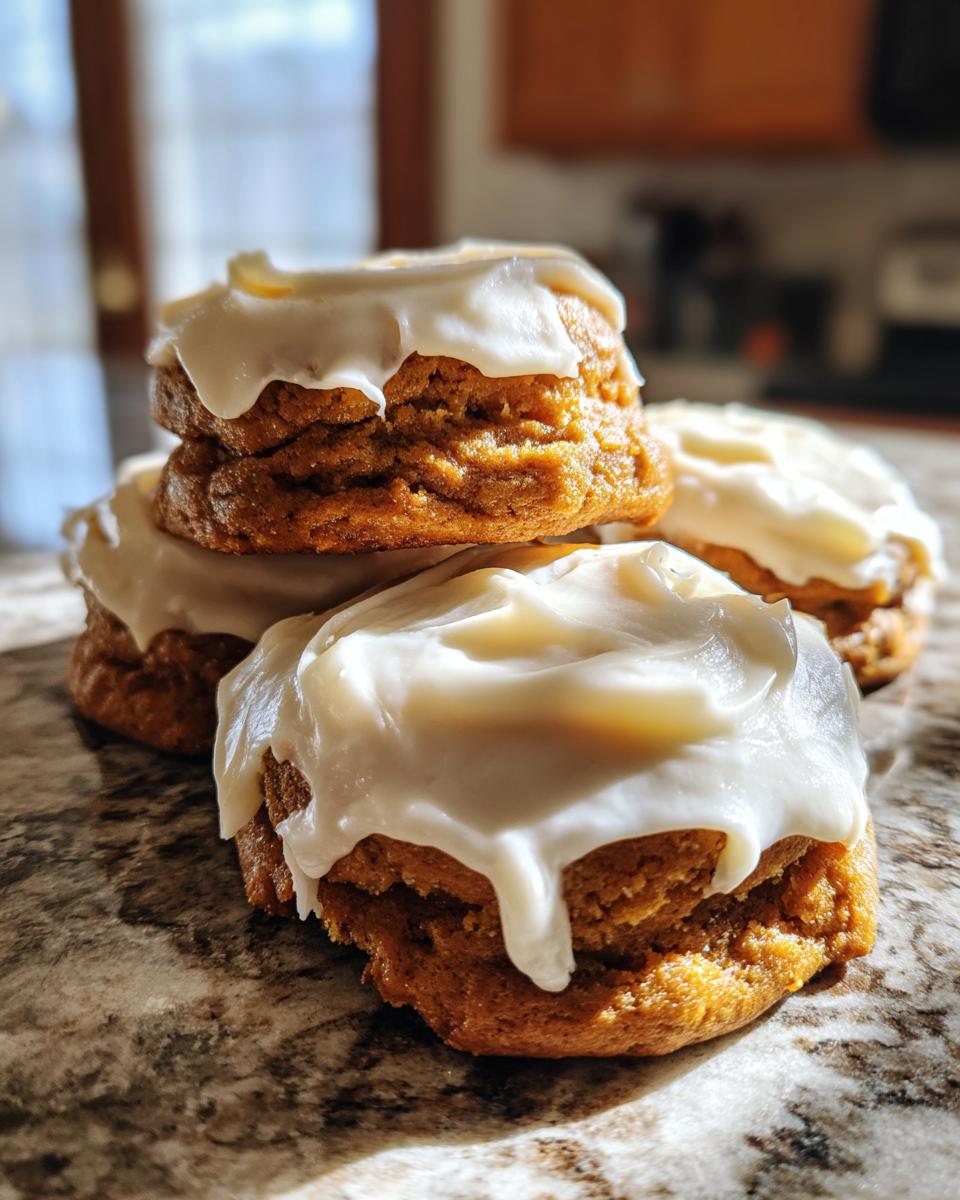A stack of soft, orange pumpkin cookie treats topped with thick, dripping cream cheese frosting.
