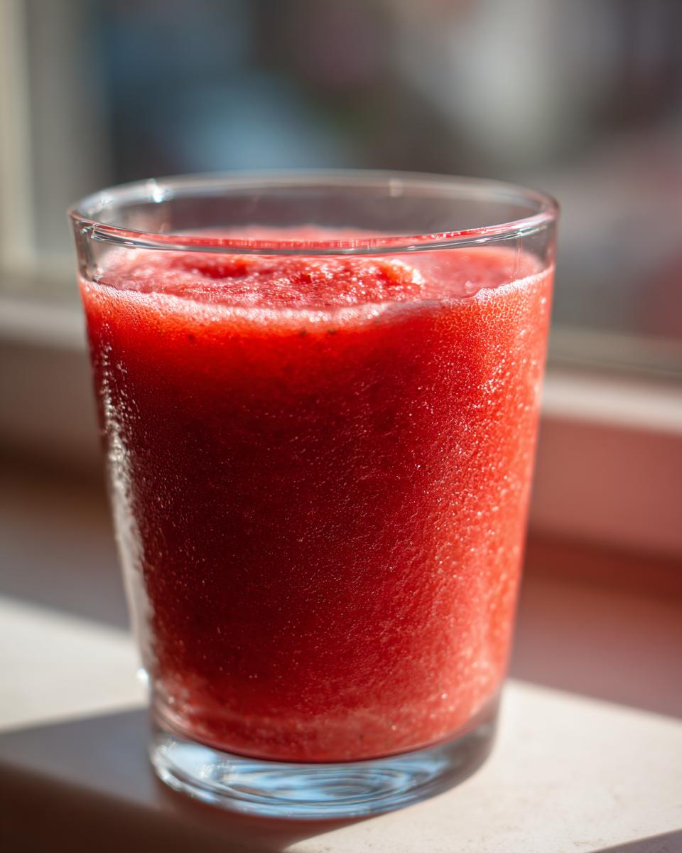 A close-up of a vibrant red, icy strawberry daiquiri served in a clear glass, catching sunlight.