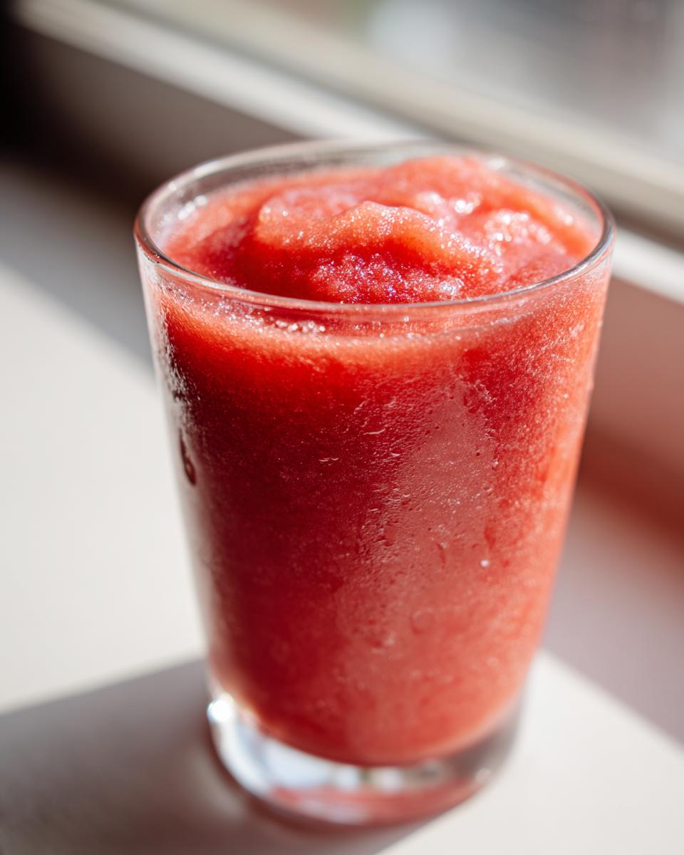 Close-up of a frosty glass filled with a bright red, frozen strawberry daiquiri mixture.