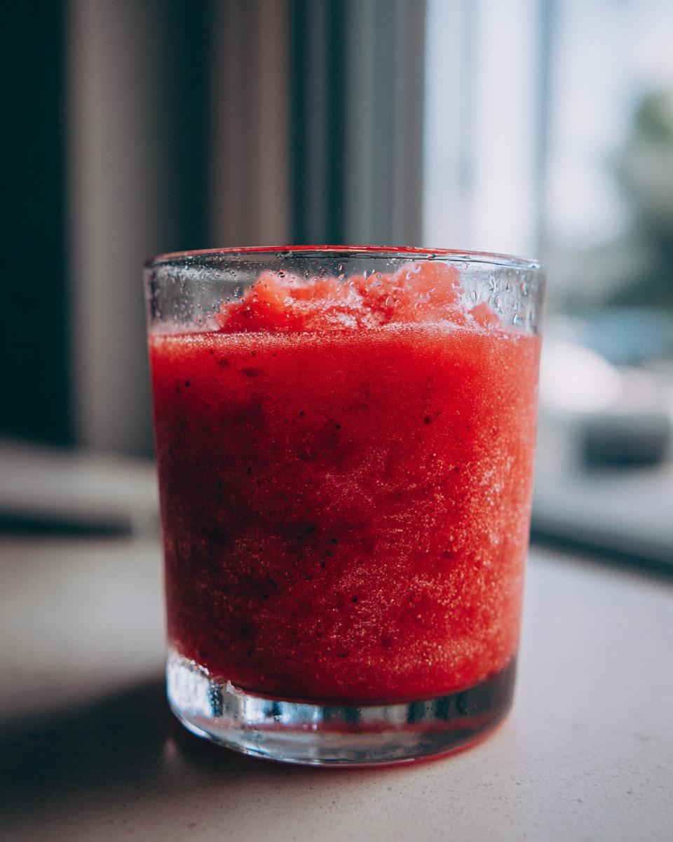 Close-up of a vibrant, icy strawberry daiquiri served in a clear glass, showing its bright red, slushy texture.