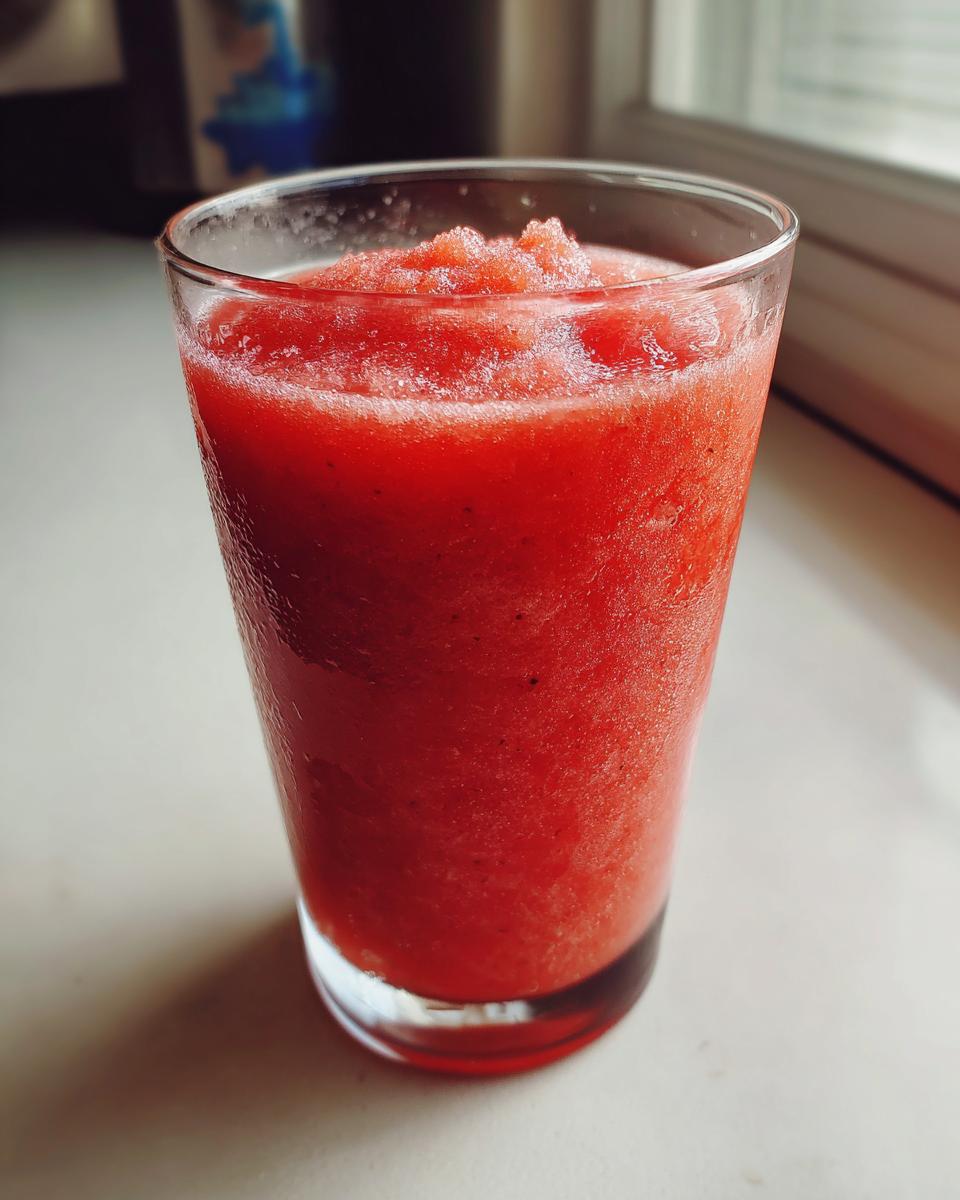 Close-up of a vibrant, frozen strawberry daiquiri served in a clear glass, ready to drink.