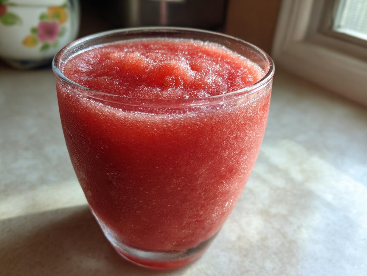 Close-up of a bright red, icy strawberry daiquiri served in a clear glass, showing condensation.
