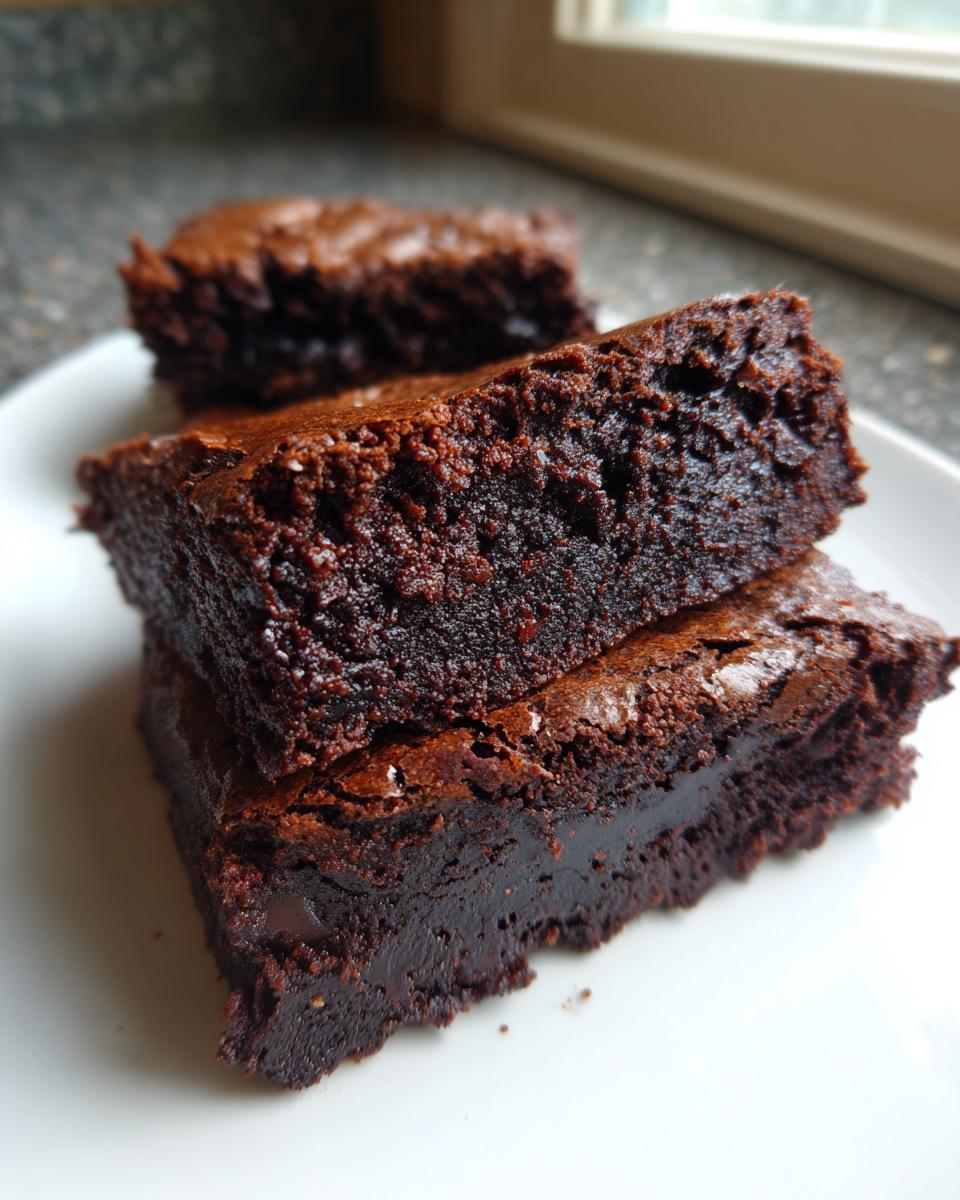Close-up of stacked, fudgy date brownies showing their rich, dark chocolate interior.
