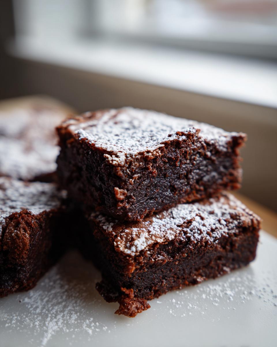 Close-up of stacked, fudgy gingerbread brownies dusted generously with white powdered sugar.