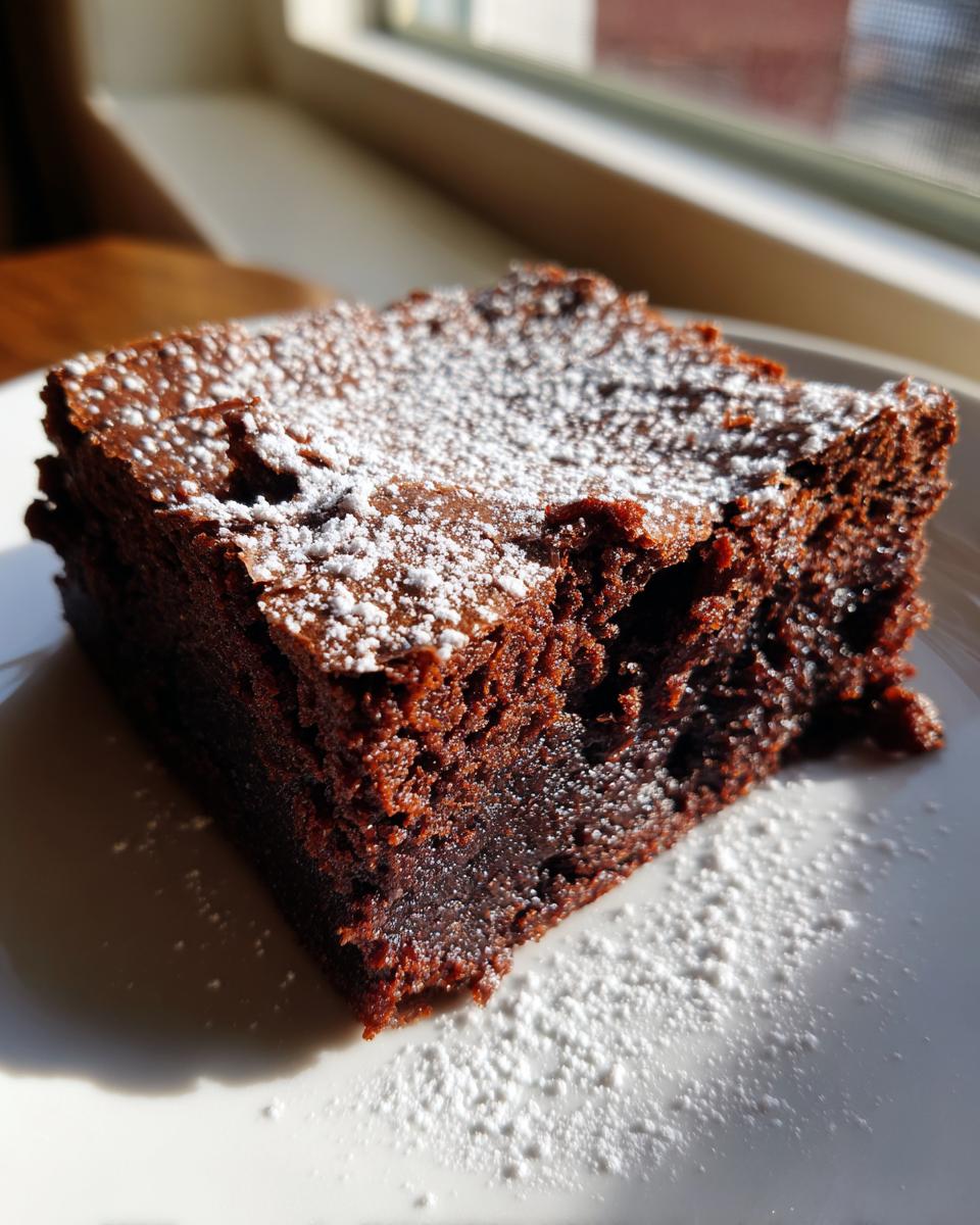 Close-up of a rich, dark slice of gingerbread brownies dusted generously with powdered sugar.