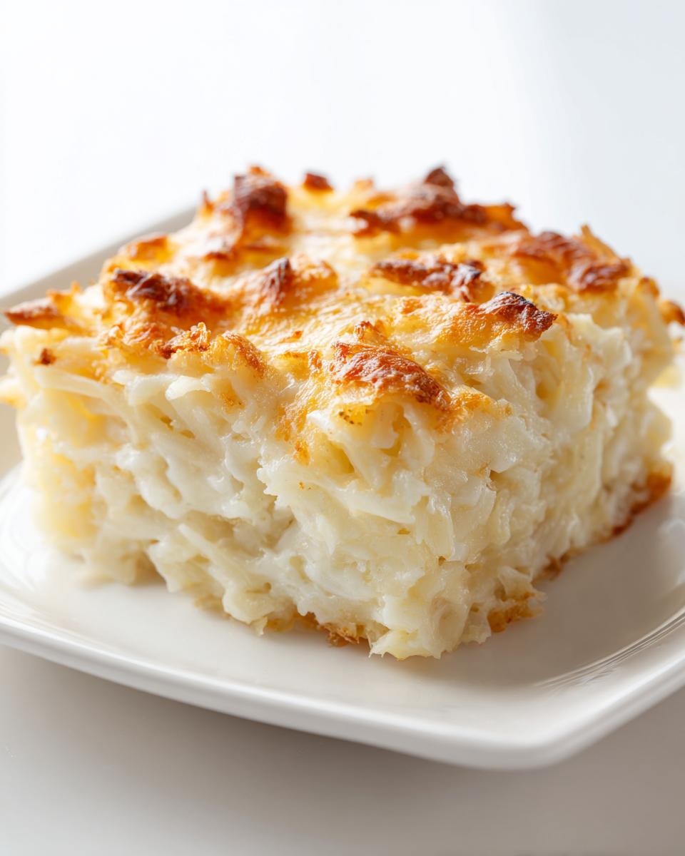 A close-up of a square serving of creamy funeral potatoes recipe with a golden, bubbly cheese topping.