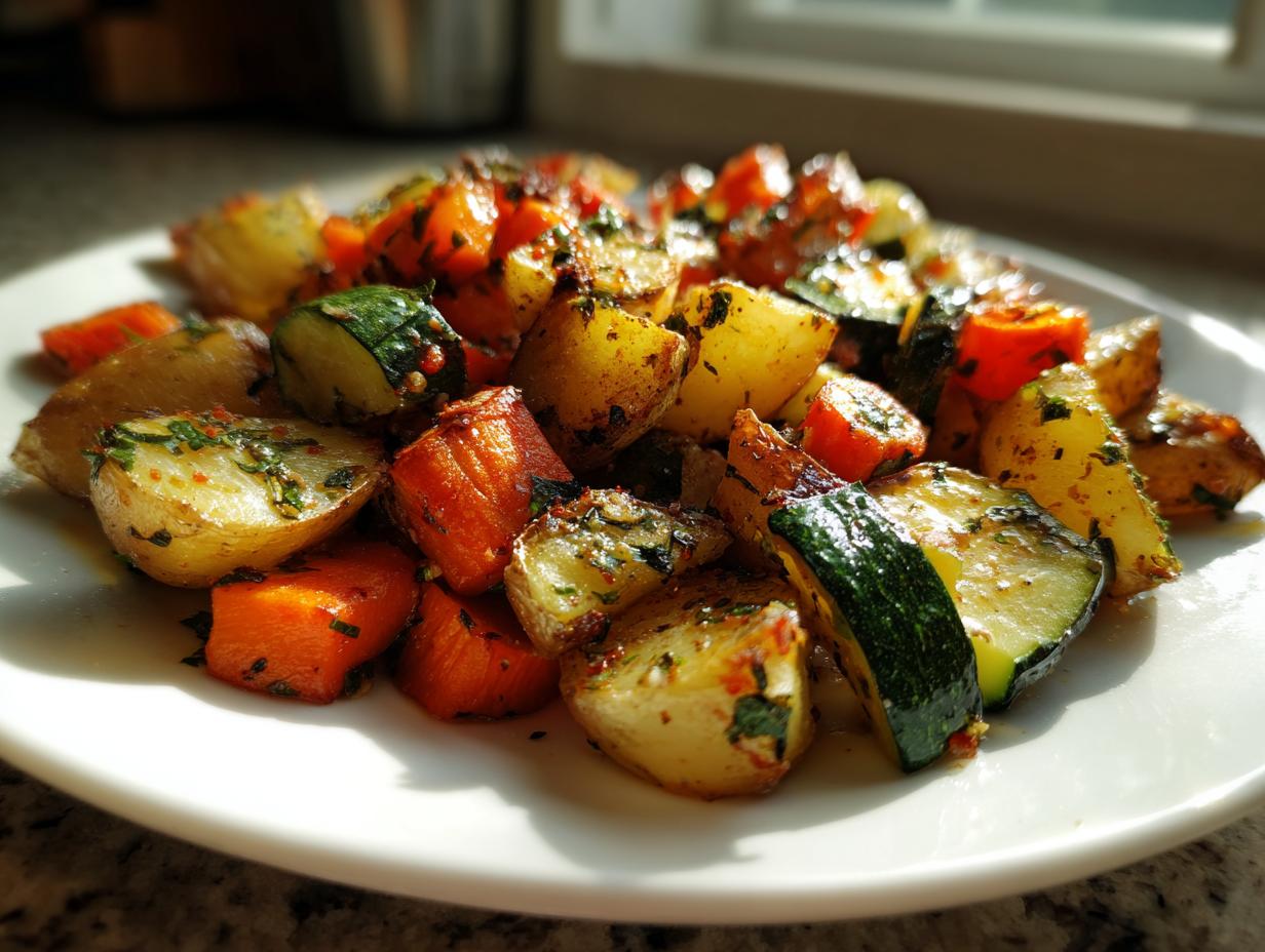 Close-up of perfectly roasted potatoes, carrots, and zucchini seasoned with herbs, showcasing the Garlic Herb Roasted Veggies.