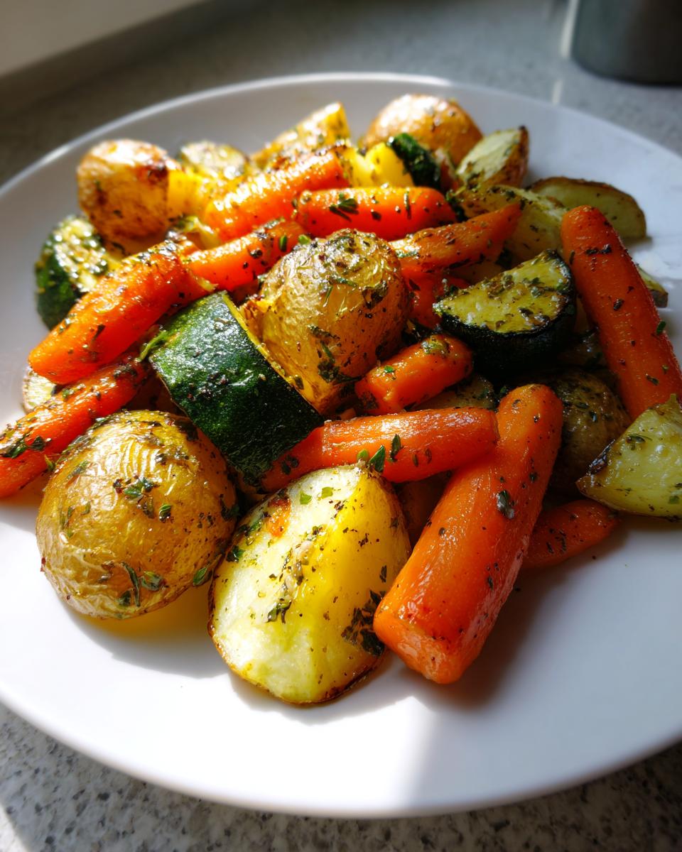 Close-up of vibrant Garlic Herb Roasted Veggies including potatoes, carrots, and zucchini on a white plate.