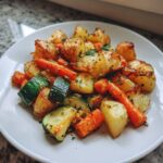 A close-up of perfectly cooked Garlic Herb Roasted Veggies featuring golden potatoes, bright carrots, and green zucchini pieces.