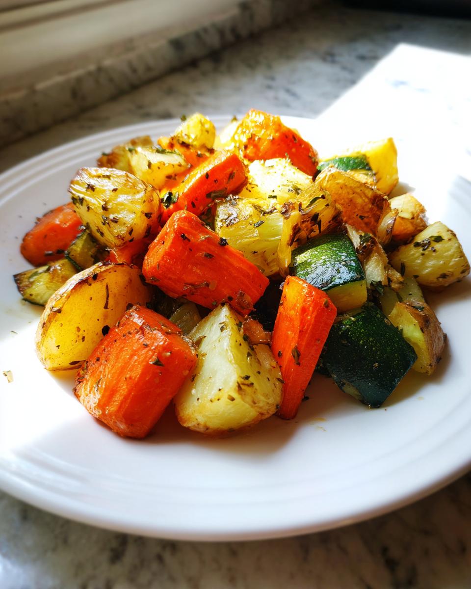 A close-up of vibrant Garlic Herb Roasted Veggies including carrots, potatoes, and zucchini on a white plate.