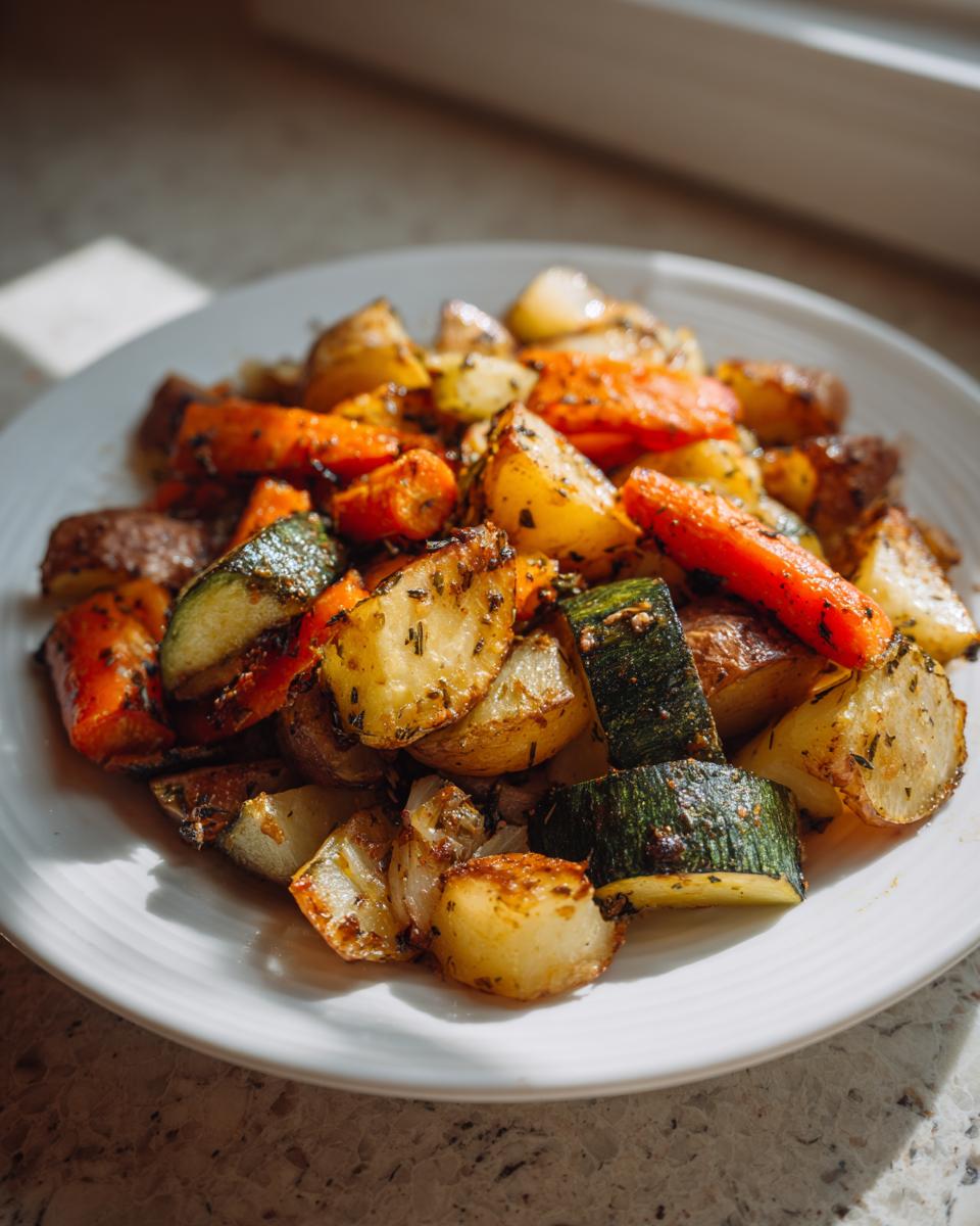 A close-up of perfectly cooked Garlic Herb Roasted Veggies, including potatoes, carrots, and zucchini, seasoned with herbs.