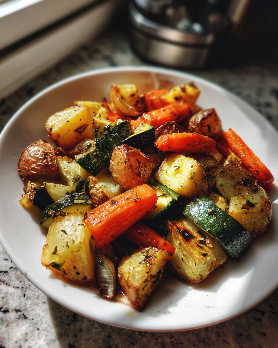 A white plate filled with perfectly cooked Garlic Herb Roasted Veggies, including golden potatoes, bright carrots, and zucchini.