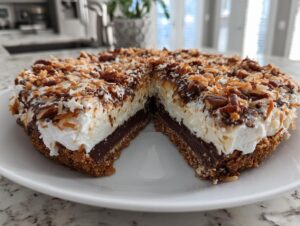 A whole german chocolate pie with a slice removed, showing layers of chocolate filling, whipped topping, pecans, and toasted coconut.
