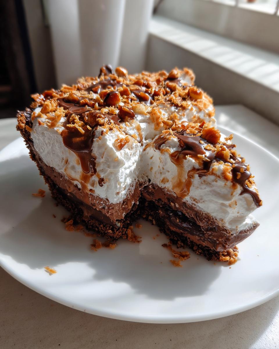 A rich slice of german chocolate pie showing layers of chocolate filling, whipped cream, and pecan topping drizzled with caramel.
