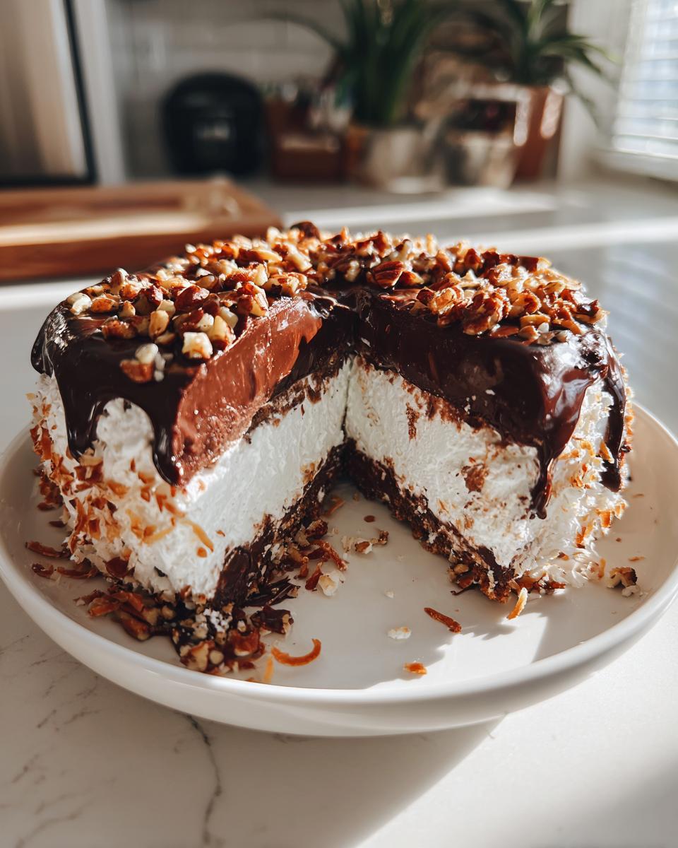 A cross-section view of a rich german chocolate pie showing layers of chocolate, white filling, and topped with pecans.